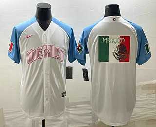 Mens Mexico Baseball Big Logo 2023 White Blue World Classic Stitched Jersey3